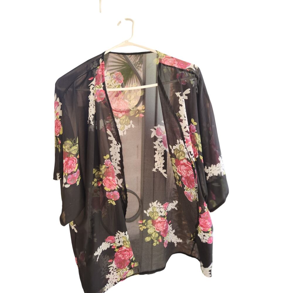 Black Sheer Floral Kimono Cover Up One Size Beach Vacation